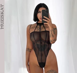 New Women's Sexy See-Through Bra 2023 Mesh Hanging Neck Halter Erotic Jumpsuit