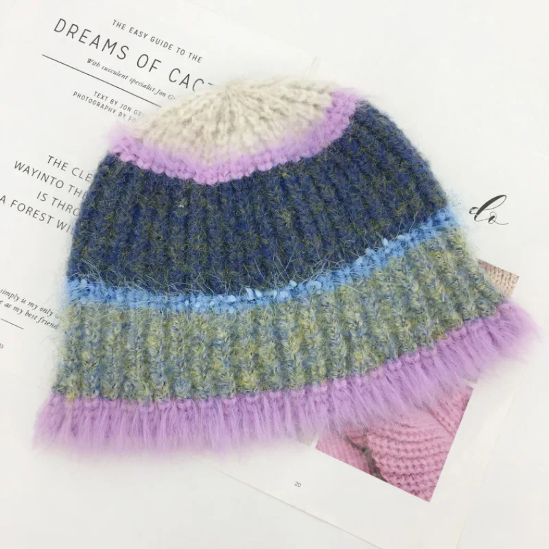 

Fashion Colorful Gradient Stripe Woolen Hat Women's Autumn and Winter Cute Handmade Plush Crochet Bucket Hat Knit Fisherman Hat