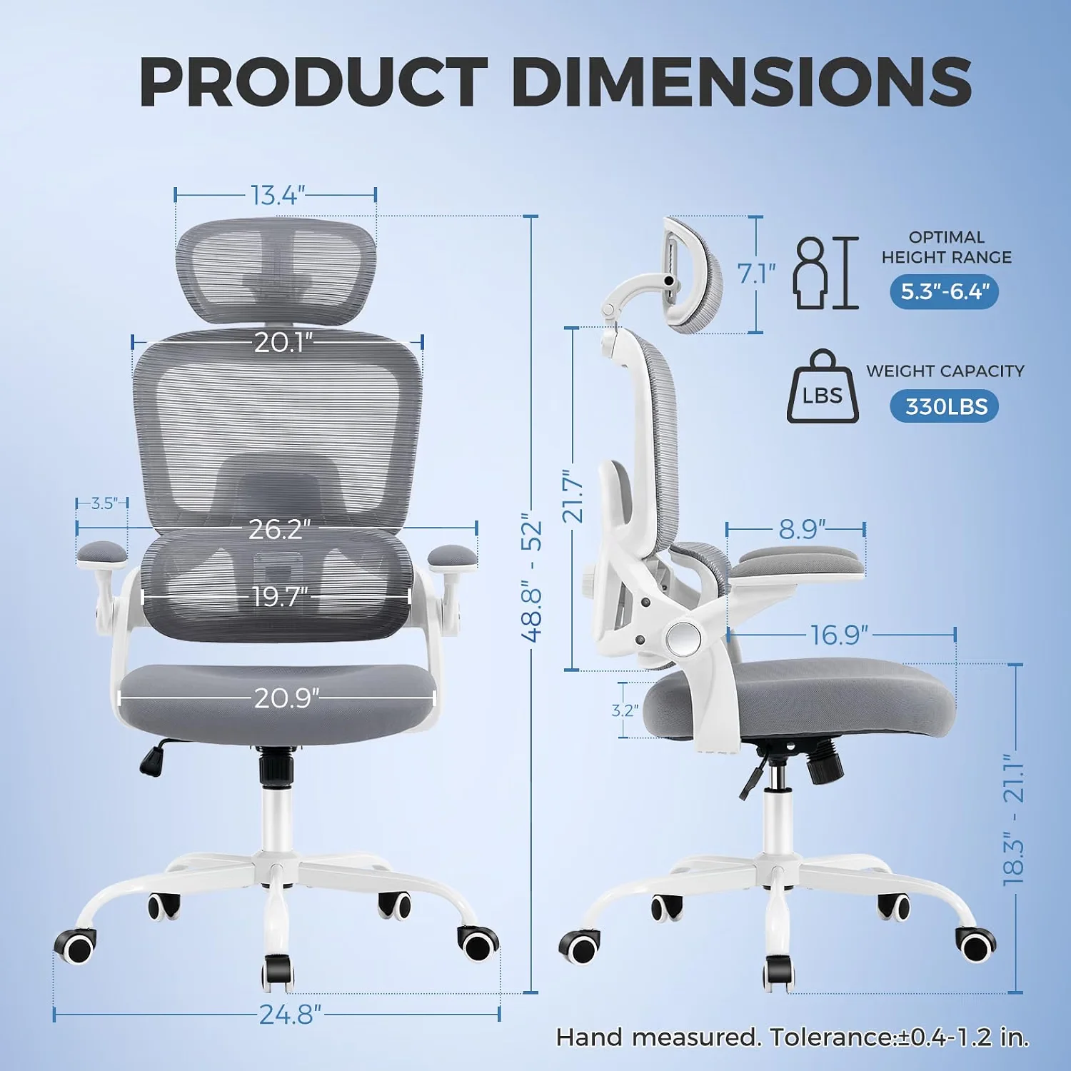 Office Chair with Adjustable Lumbar Support, Ergonomic Desk Chairs, Grey 330 LBS Mesh Back Computer Chair with 3D Headrest