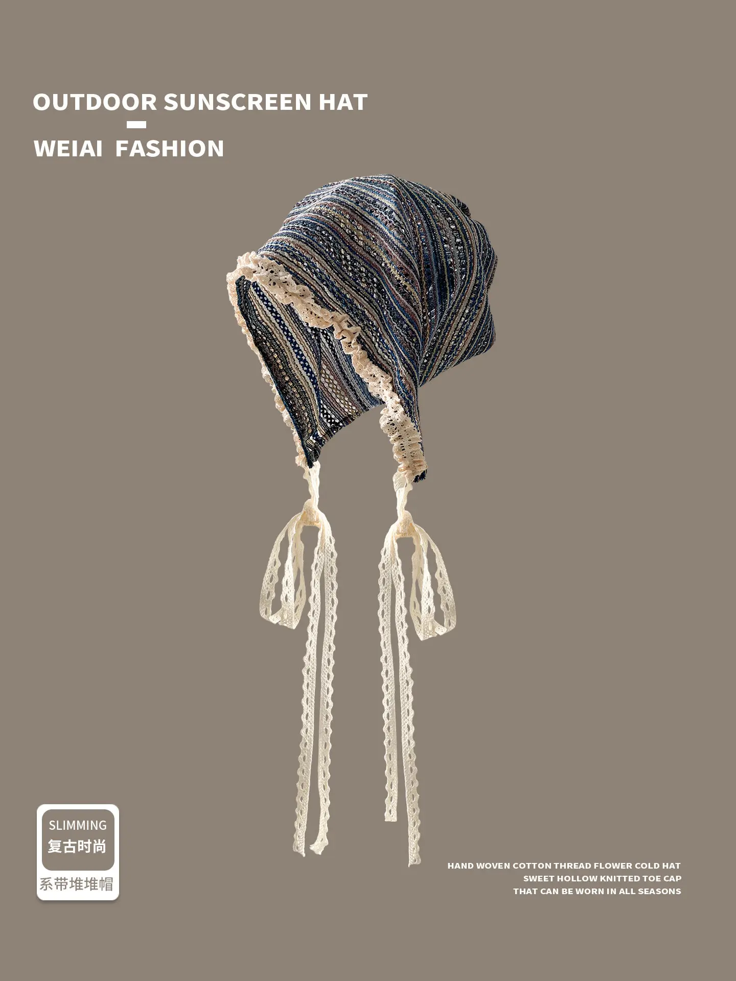 Japanese Retro Lace Head Wrap Cap Breathable Large Size Slouchy Hat Face-flattering Ethnic Style Versatile Sun Cap for Women view 3