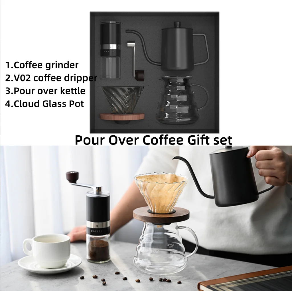 Coffee shop accessories including Coffee grinder 500ml capacity Stainless cafe pot and Glass coffee kettle for coffee filter