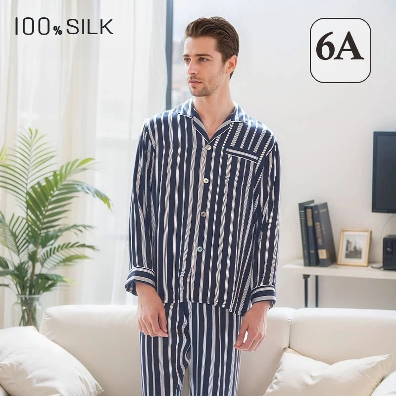 2026 Spring Summer New Men Striped 100% Mulberry Silk Pajamas Set Long Sleeve Long Pant Soft Breathable Loungewear