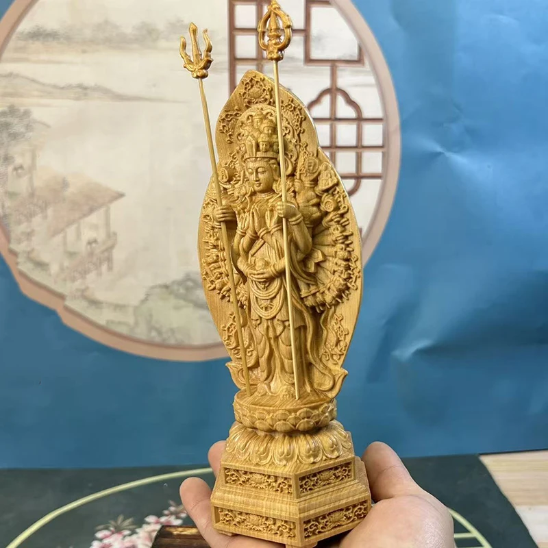wood carving Thousand-hand Avalokitesvara Bodhisattva sculptures figurines Buddhist figures Home Room Office Feng Shui Statue