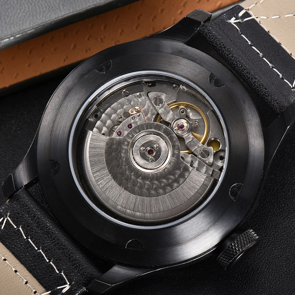 New Fashion Parnis 46.5mm Black Automatic Men Watch Power Reserve Calendar Mechanical Men\'s Watches Luxury 2023 Man Gift Clock