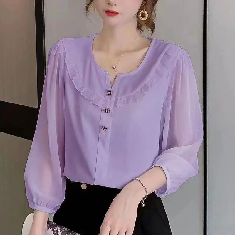 Women Korean Fashion Ruffled Buttons Chiffon Blouse Spring Summer Casual 3/4 Sleeve Shirts Solid Loose Chic Tops Blusas De Mujer