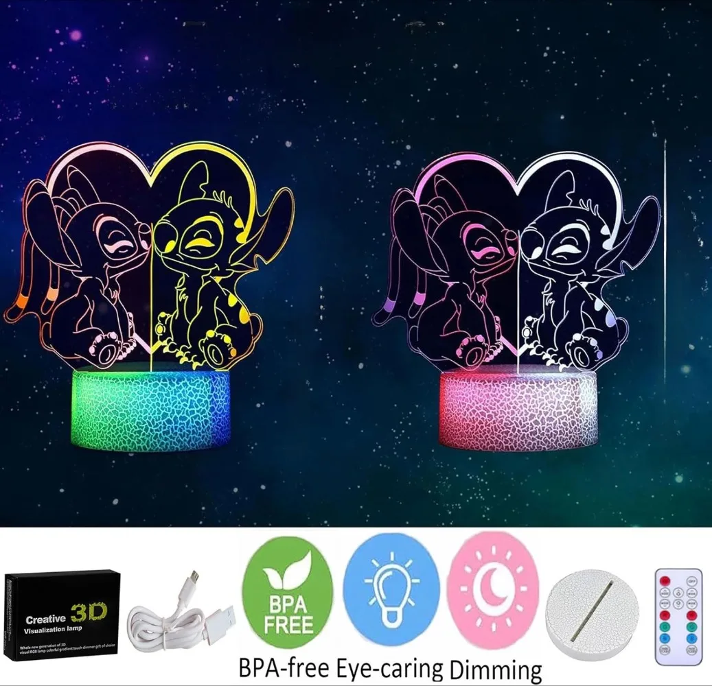 ليلو وستيتش لونين ضوء الليل ثلاثية الأبعاد الوهم LED ديكور المنزل للأطفال غرفة نوم مع ليلة عن بعد الولايات المتحدة الأمريكية ضوء هدية الكريسماس