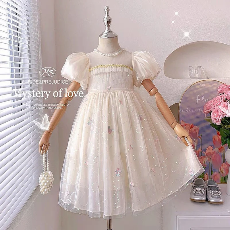 Summer 2024 Girls and Children\'s Leisure Bubble Sleeve Bow Lace Round Neck Dress Princess Dress Children\'s Clothing