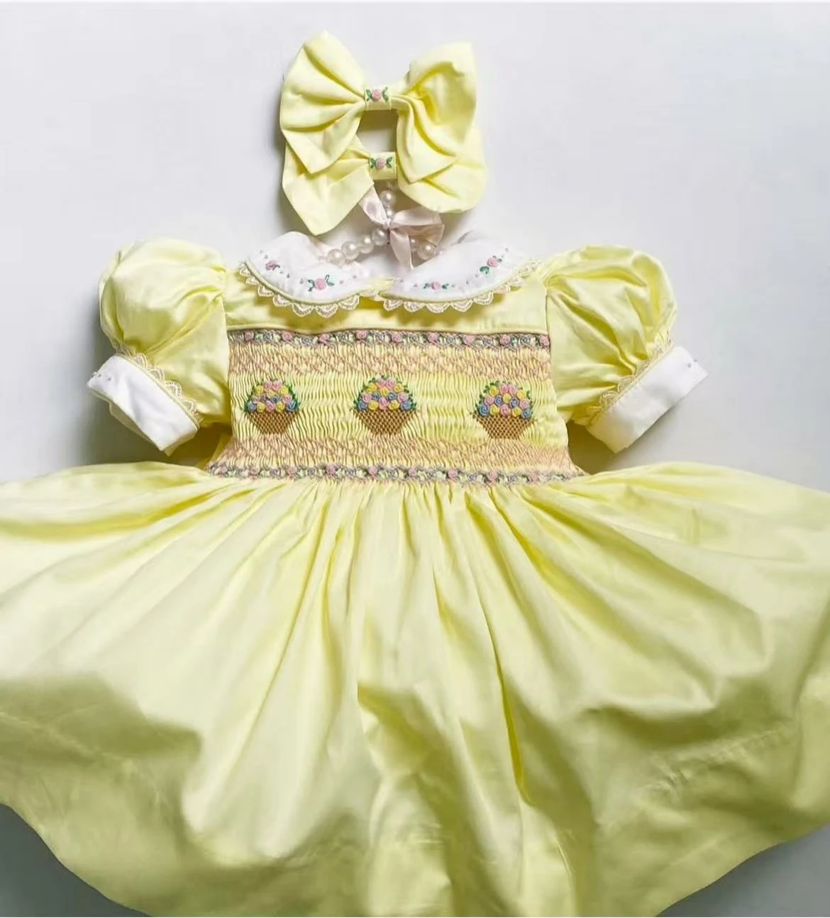 0-12Y Baby Girl Summer Yellow Handmade Embroidery Smocked Vintage Princess Dress for Birthday Photography Holiday Eid A300