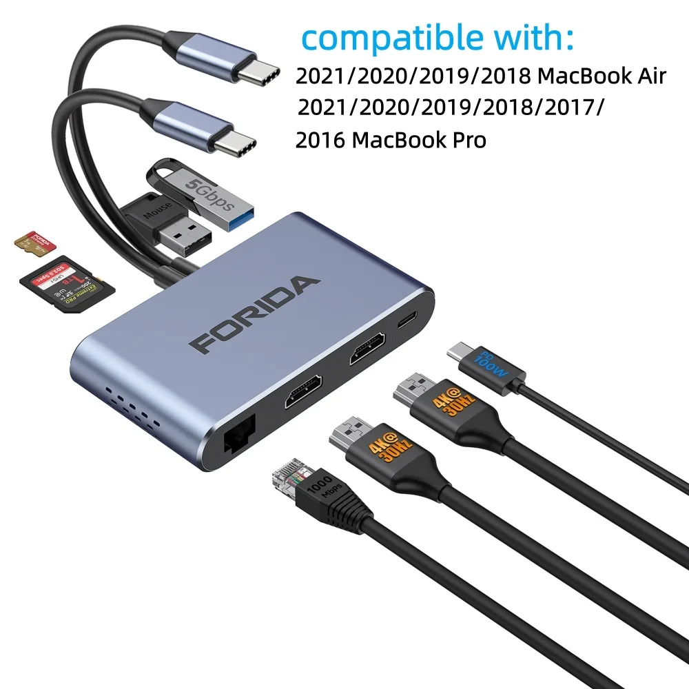 8-in-2 USB C HUB Type C إلى Dual HDMI 4K60 هرتز RJ45 TF/SD PD 100 واط USB 3.0 HUB محول لماك بوك اير ماك بوك برو #2