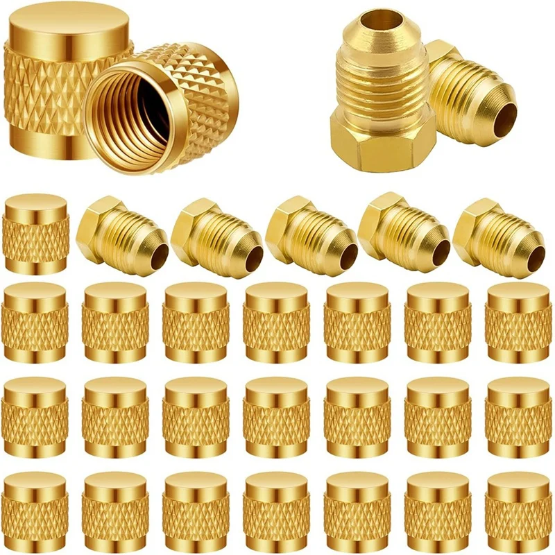 1/4Inch Flare Cap, Round Brass HVAC Locking Caps, W/Neoprene O-Ring Seal AC Service HVAC Valve Caps, (25 Pcs)