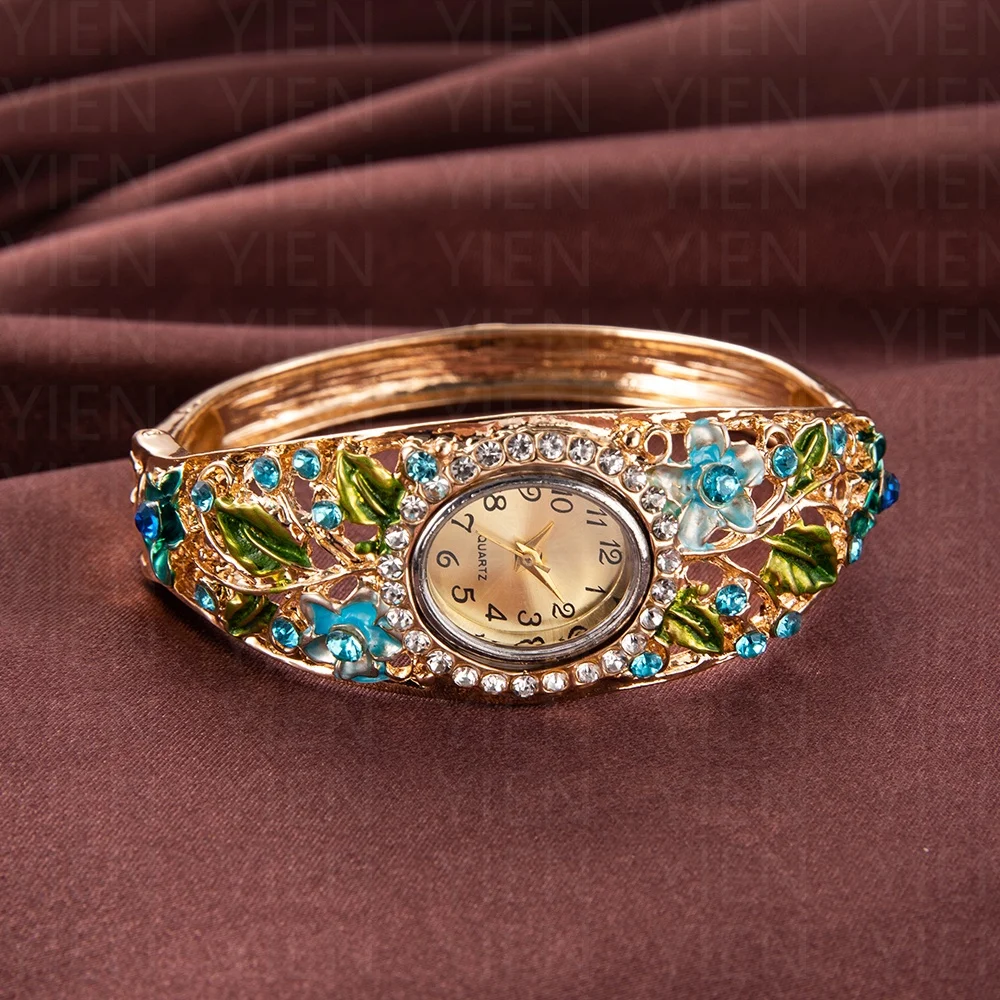 المرأة الإسورة سوار ساعة فاخرة ريترو كريستال زهرة ساعات كوارتز للمرأة موضة أنيقة السيدات ساعات المعصم Reloj Mujer