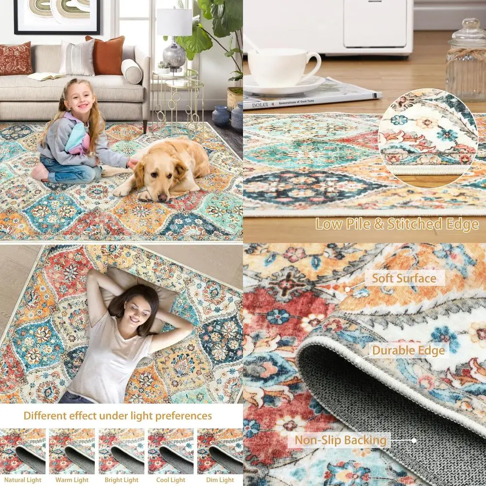 

Vintage Moroccan Trellis 5x7 Washable Area Rug with Distressed Medallion Pattern, Cream, for Living Room and Dining Room Decor