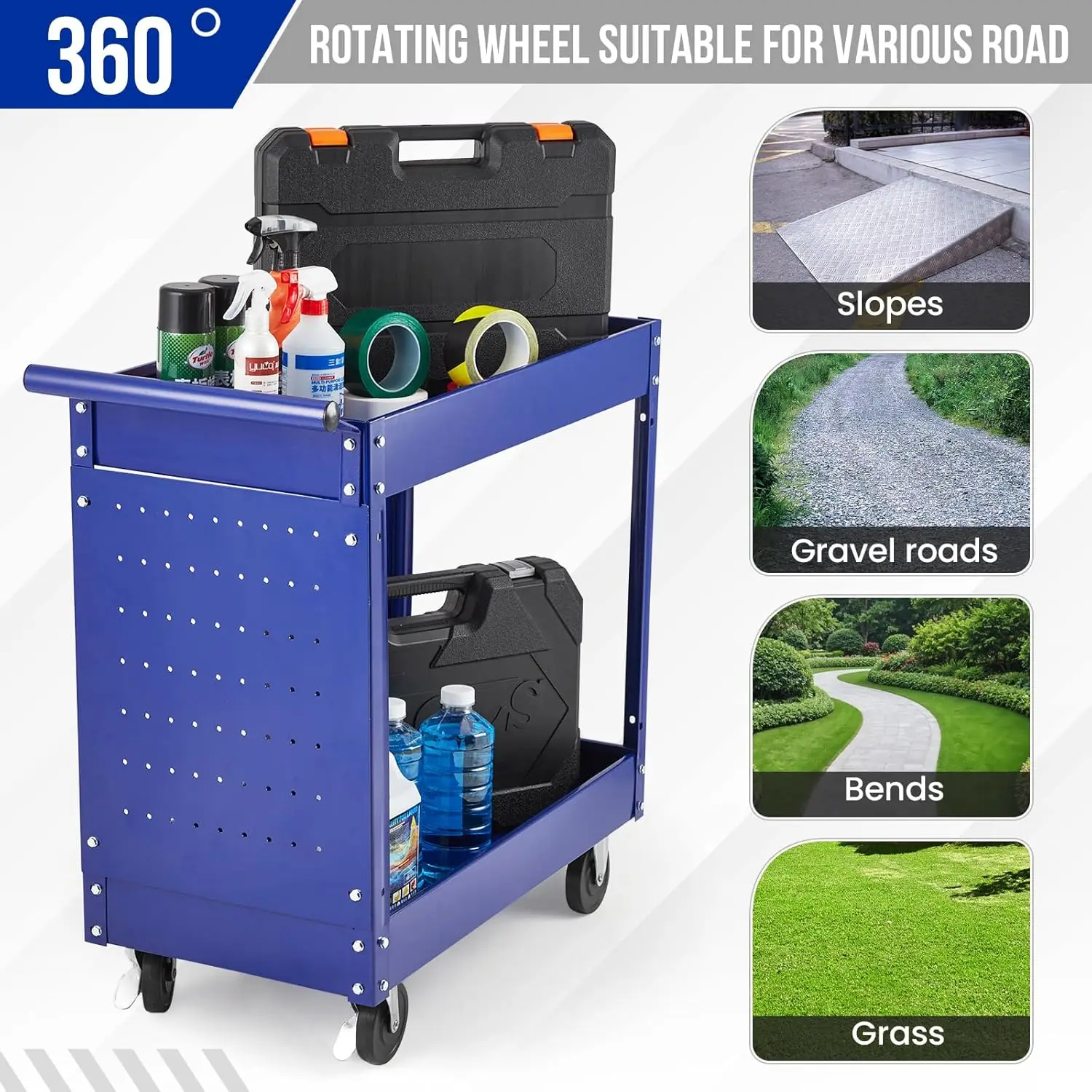 2 Tier Metal Utility Cart Heavy Duty Utility Cart On Wheels Rolling Tool Cart,Tool Storage Organizer for Garage Warehouse