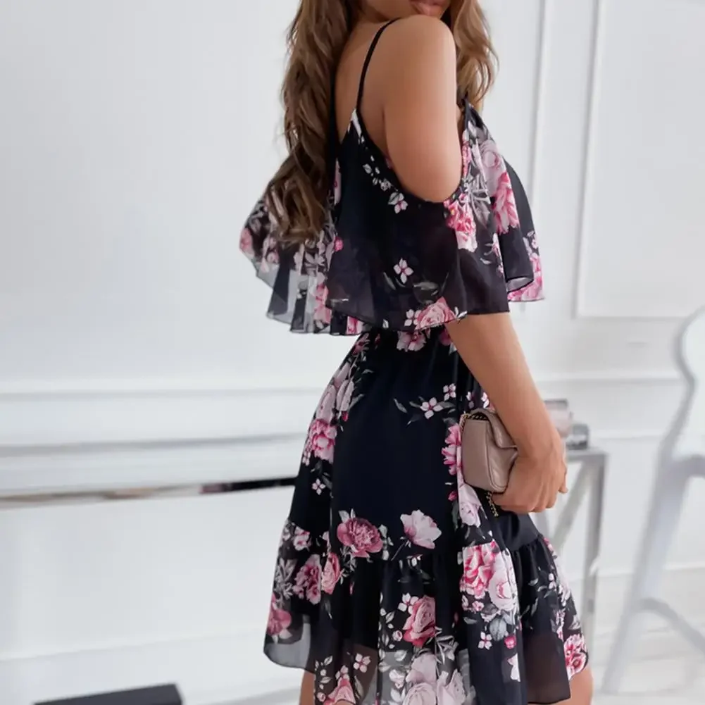 

Trendy Mini Dress Flower Print Flounce Edge Colorful Above Knee Short Sleeve Women Dress Female Dress Spaghetti Strap