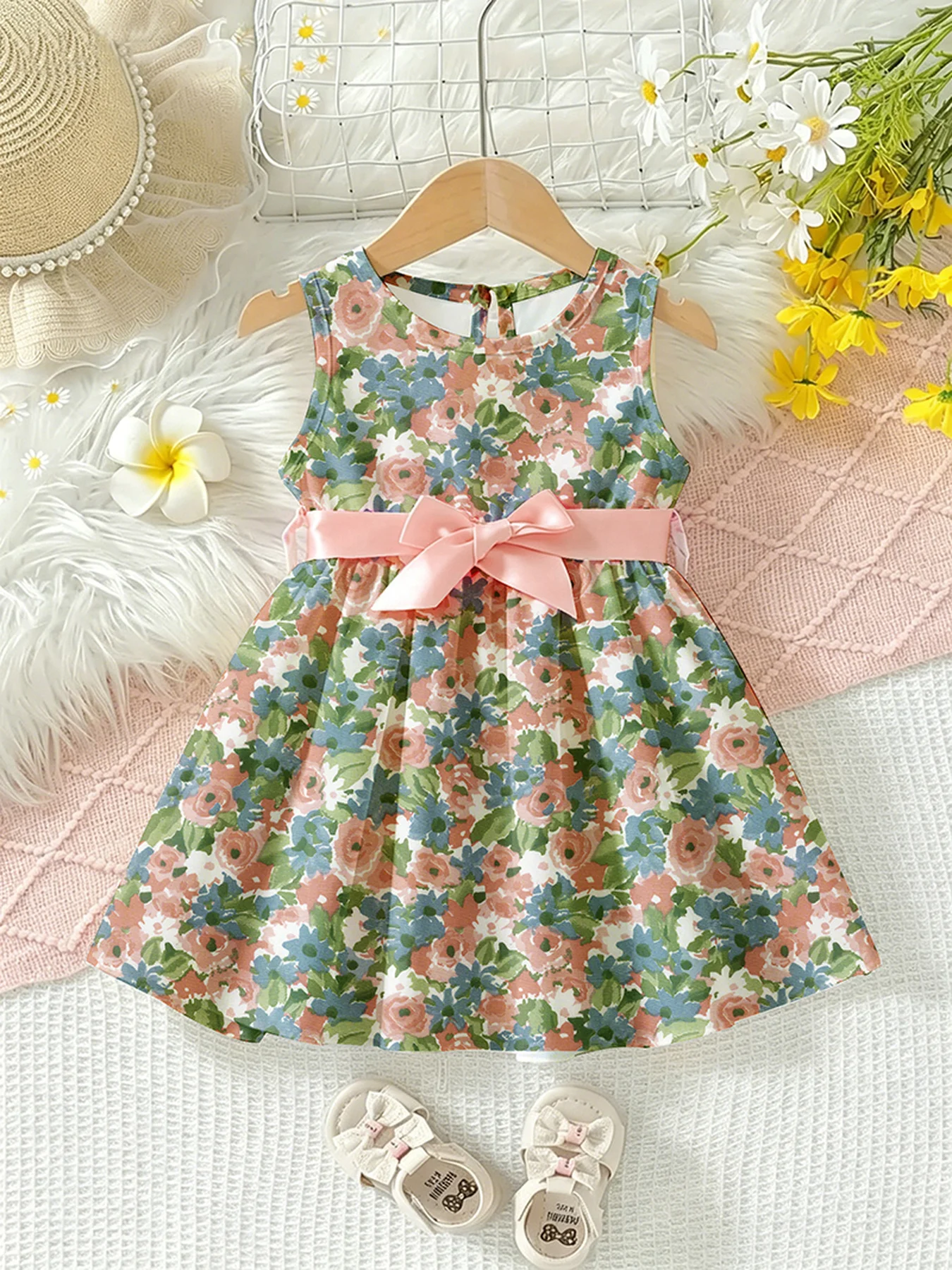 Children's Casual round Neck Sleeveless Dress with Flower Leaf Print Waist Cinching Tie up Design mid Length Skirt