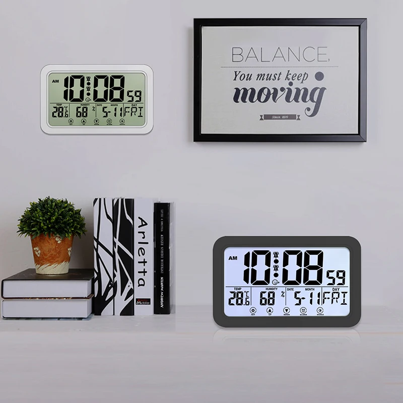 Large Number Electronic Wall Clock Temperature Humidity Display Snooze Alarm Clock Hanging/Desktop Digital Clock Battery Powered