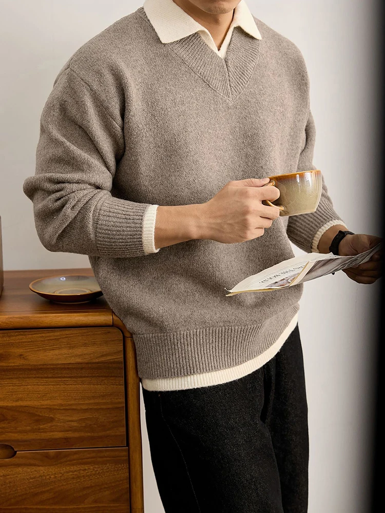 في الهواء الطلق عادية رجالي المرقعة سترة قمصان بولو الحياكة بدوره إلى أسفل طوق كم طويل البلوز القمم الرجال الخريف Vintage البلوزات #4