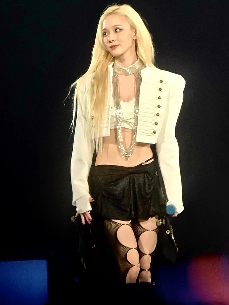 Weird Puss Doppelreihiger Dekor-Crop-Mantel für Damen, vorne offen, lange Ärmel, modisch, für Musikfestivals, Hottie, Herbst-Streetwear – Detail 12