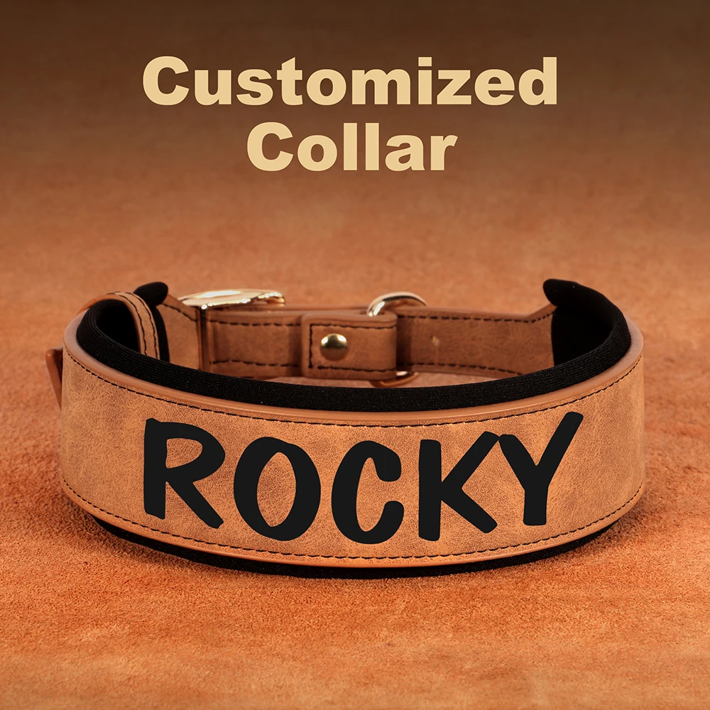 Custom Dog Collar Wide Leather Dogs Collars Soft Padded Pet Necklace Free Print Name Number for Medium Large Dogs French Bulldog