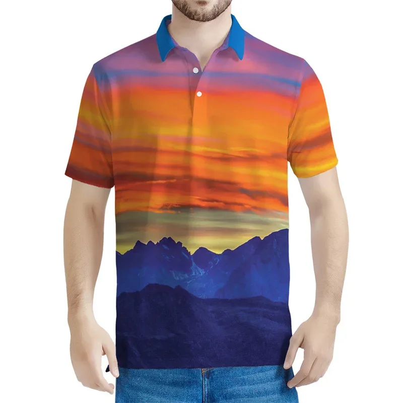 

2024 Hawaiian Men's Short Sleeve POLO Shirt Sunset Print Daily Casual Men's Lapel Loose Top Large Size Comfortable Men's POLO Sh