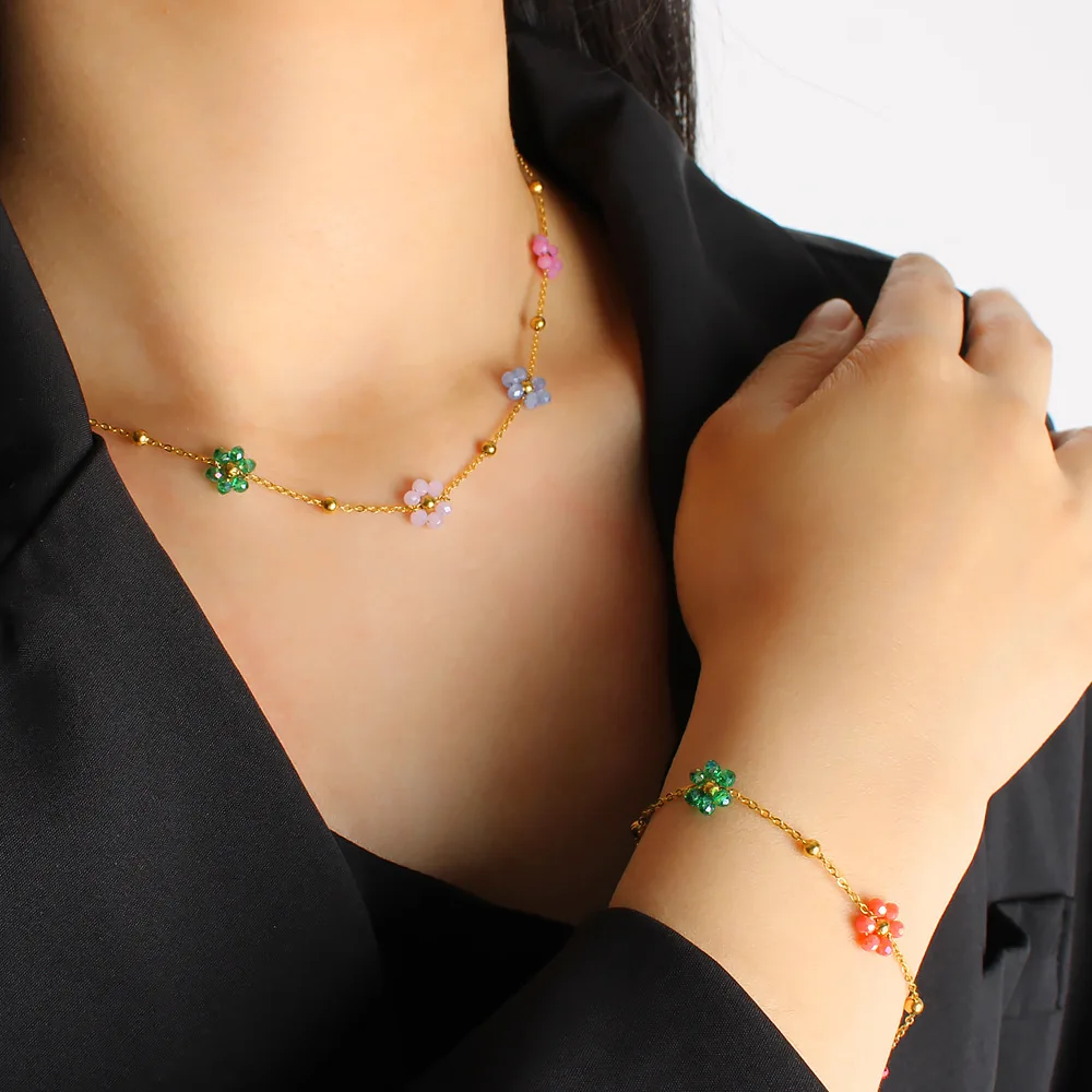 DIY accessories Japan and Korea sweet color flower DIY necklace bracelet spring new crystal beaded flower neck chain bracelet wh