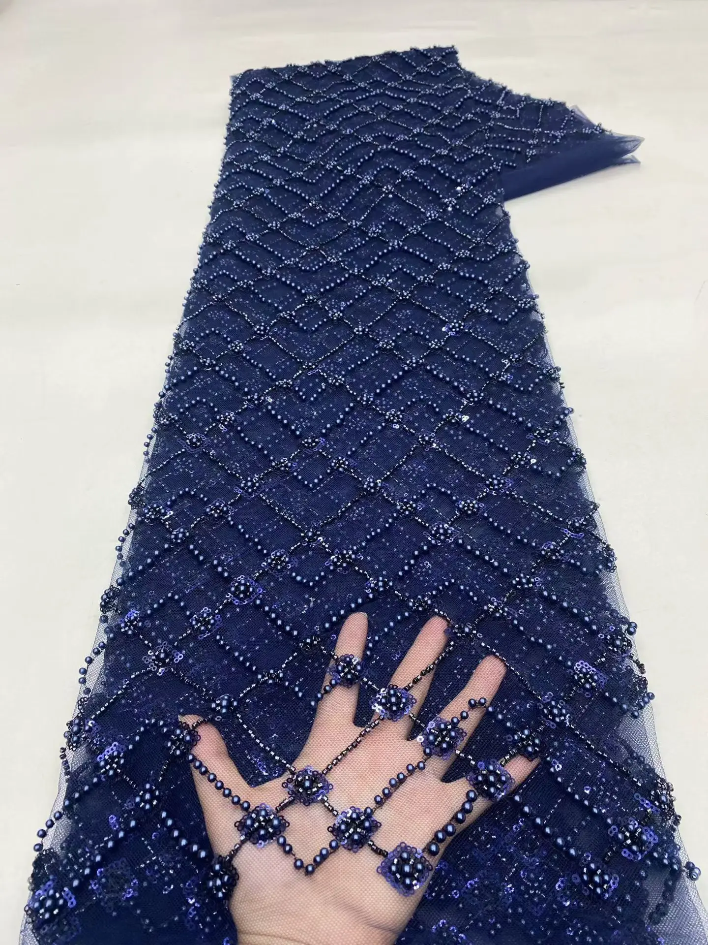 

New Arrival Navy Blue Heavy Beads Sequins French Lace Fabric 2026 High Quality Handmade Beads Nigerian Mesh Lace Fabric KXX26144