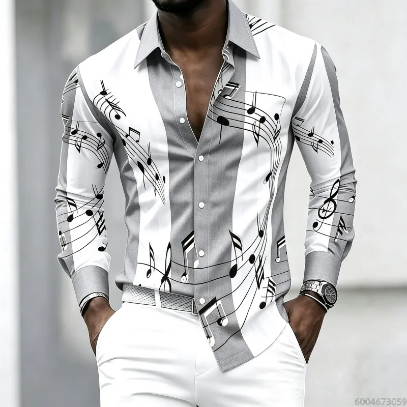 Men's Collared Shirt with Musical Note Print, Trendy
