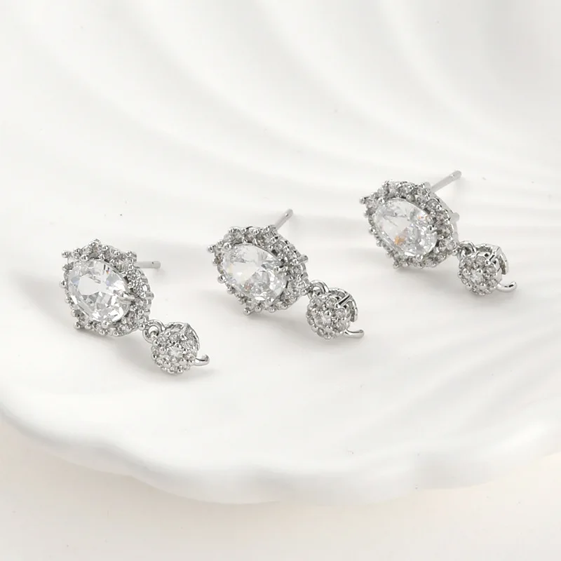 6pair 20x11mm DIY Jewelry Accessorie Oval CZ Stud Earring Base Loop Connector for Bridal Hanging on Pearls Earring Making