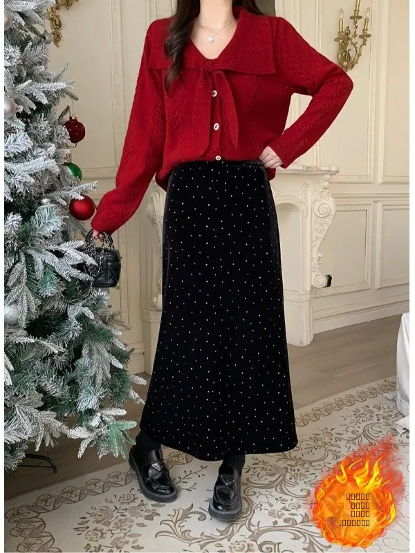 

Winter Thickened Velvet Polka Dot Half Skirt for plus Size Women Versatile High Waist Commute Style Korean Loose Fit Midi Skirt