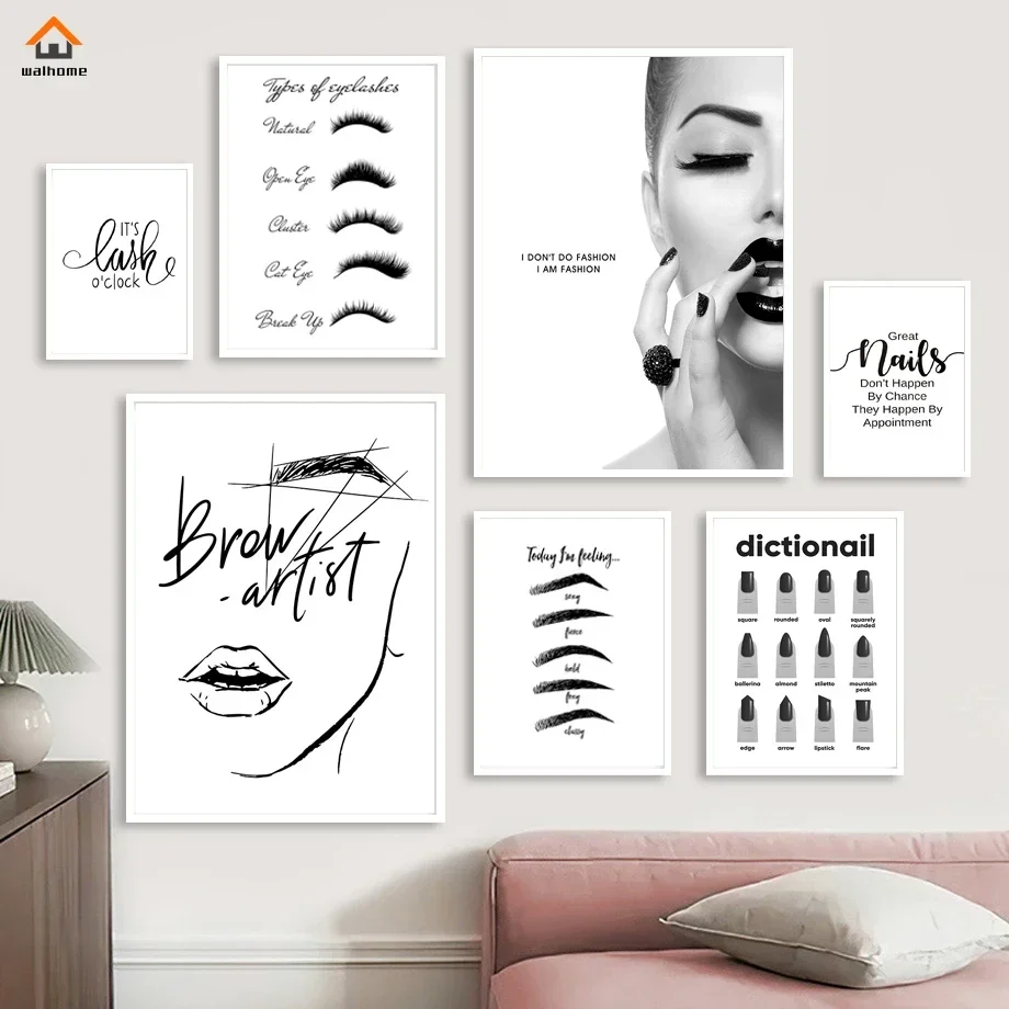 Canvas Paintings Modern Beauty Salon Poster Lash Eyebrow Nail Art Technician Room Decor Black White Decorative Wall Picture Deco