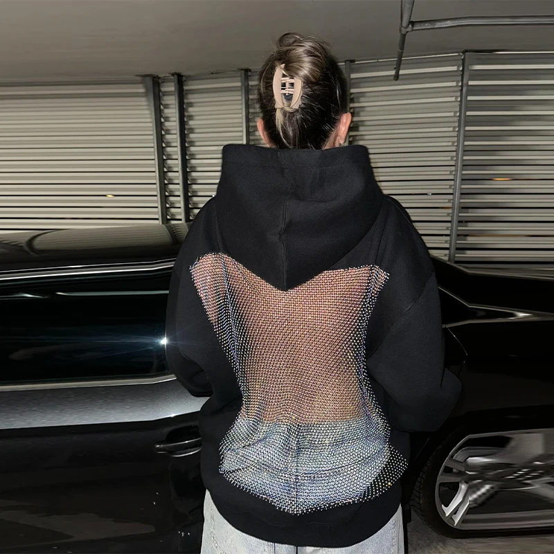 مثير جوفاء شبكة هوديي المرأة عارية الذراعين كم طويل القوطية البلوز لامعة شفافة Y2K البلوز 2025 سيدة جديدة فتاة حار #5