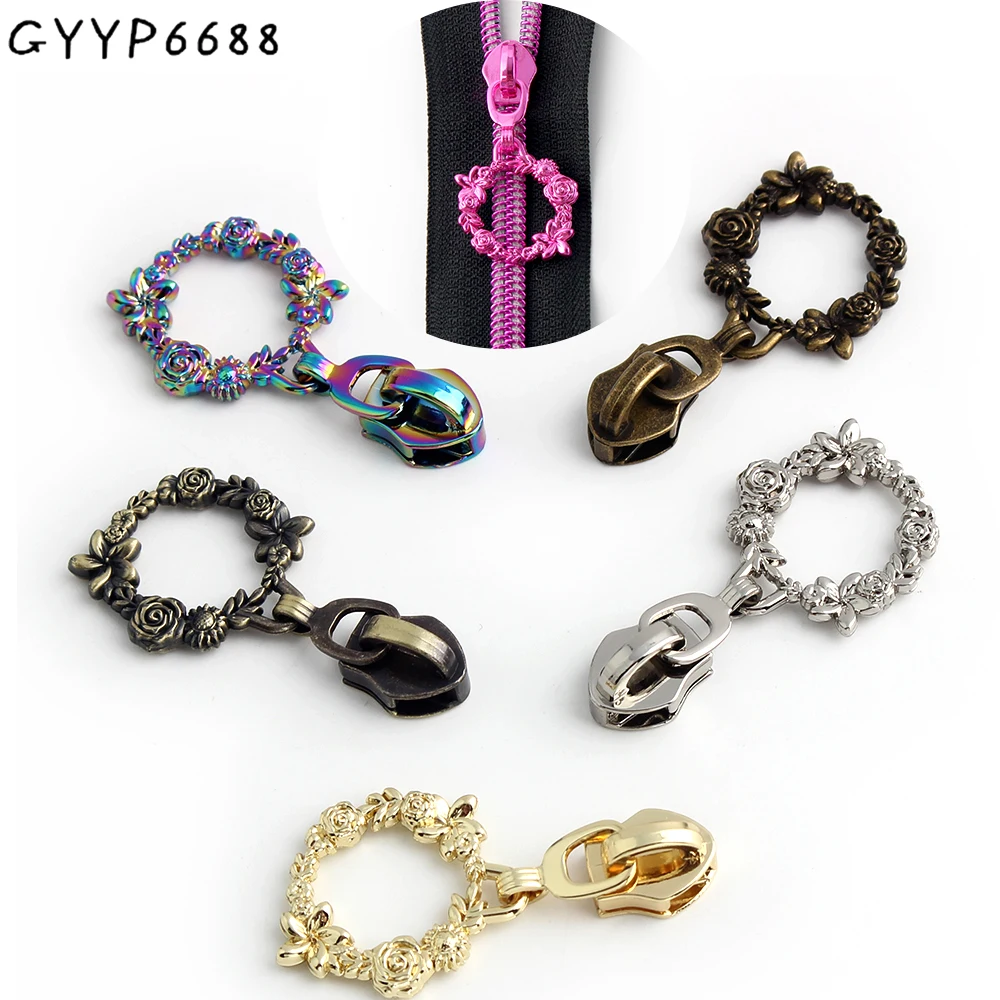 10-50-100PCS Flower Wreath Ring Shape 5# Nylon Zipper Sliders Head For Purse Bags Zip Pendant Repair Garment Decor Accessories