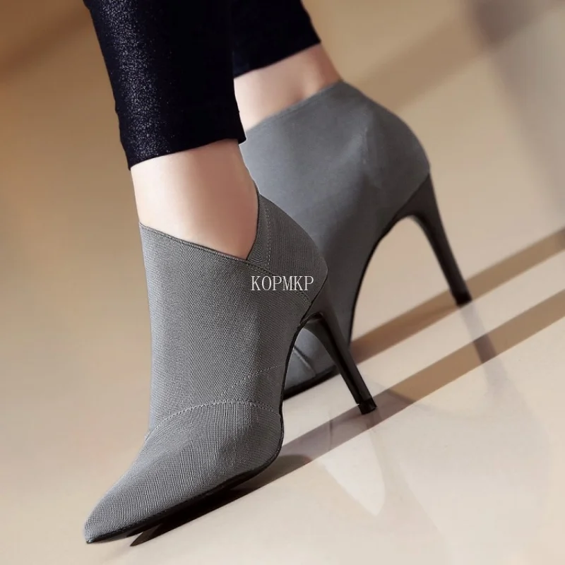 2024 Grey Fashion Women High Heel Booties Female High-Heeled Boots Young Ladies Booties 8.5cm Heel Cloth Boots Large Size 34-41