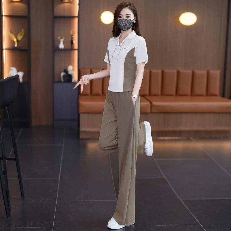 Casual 2 Piece Sets Women Outfit Conjuntos De Pantalones 2024 Summer Loose Short Sleeved Chain Tops+Wide-Leg Pants Track Suit