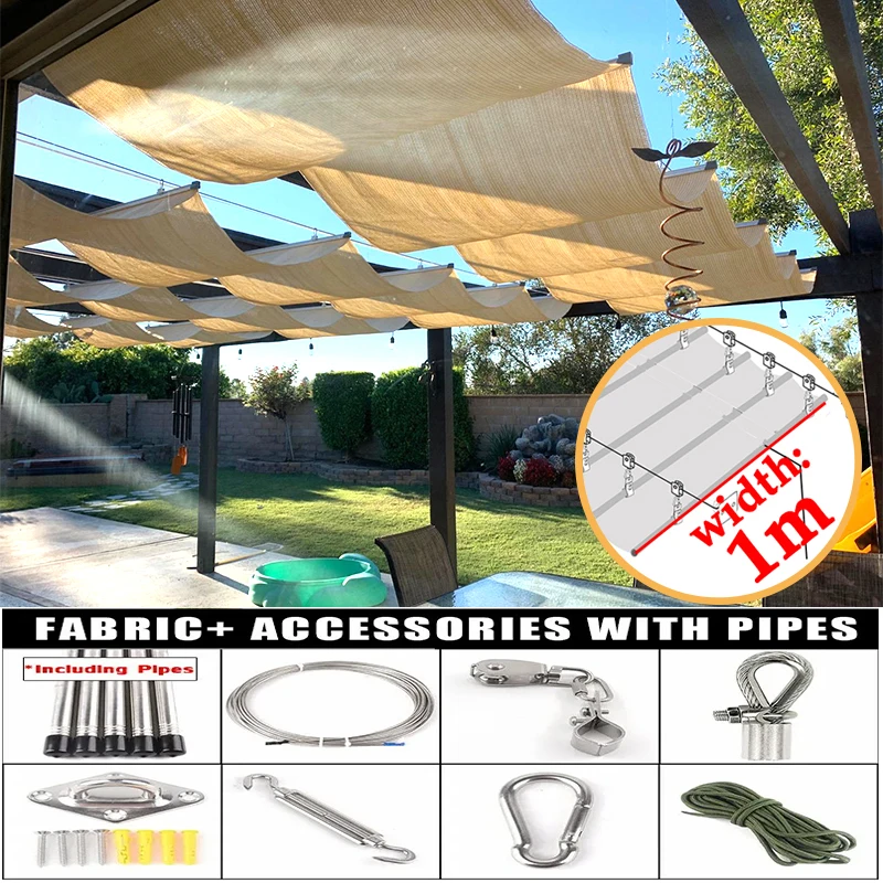 Width 1m Telescopic Outdoor Awning Summer Waterproof Wave Sunshade Sail Pergola Patio Sun Canopy Retractable Shading Nets