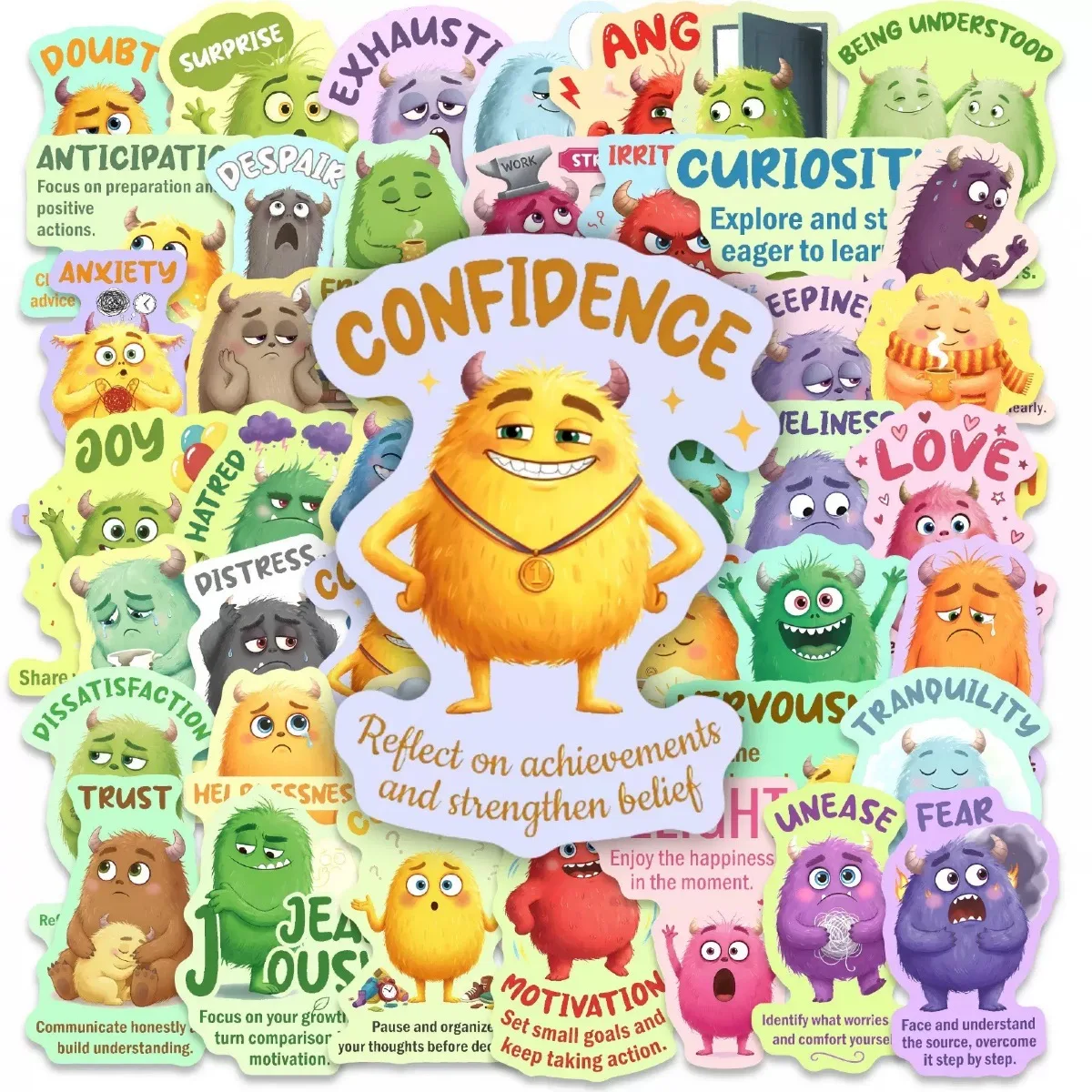 50Pcs Emotional Monster Stickers Set Mental Health Feelings Chart Decals for Emotional Intelligence and Self-Awareness