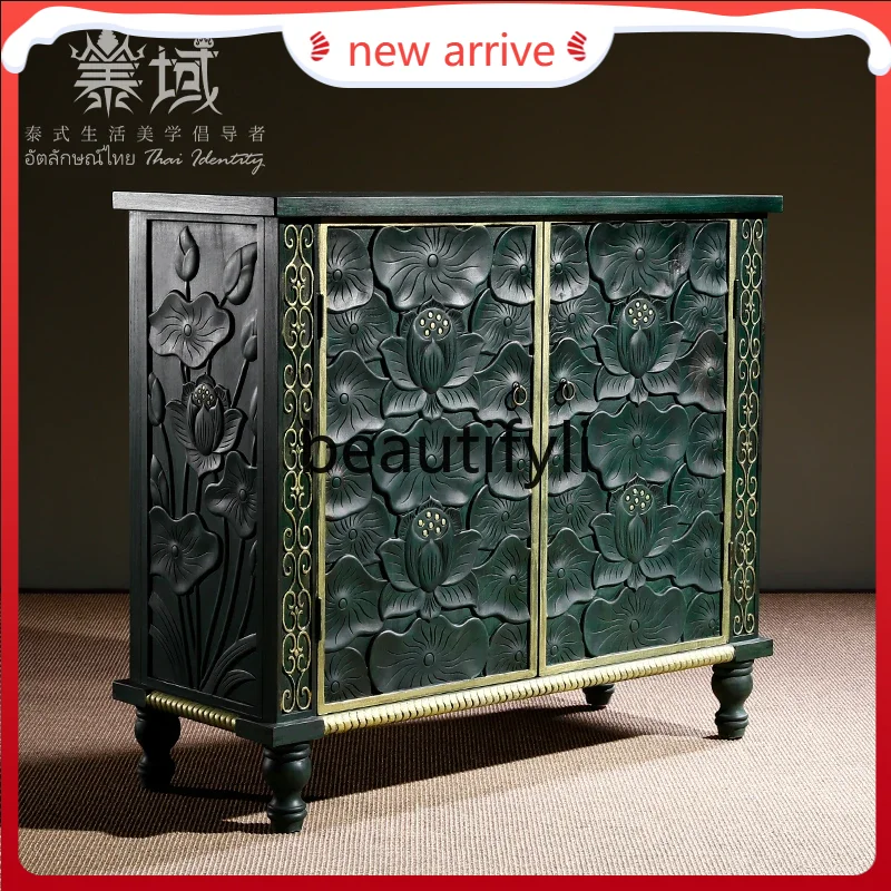 

D2520 Solid Wood Lotus Leaf Carved Storage Decorative Cabinet Natural Wood Furniture New Chinese Style Entrance Cabinet