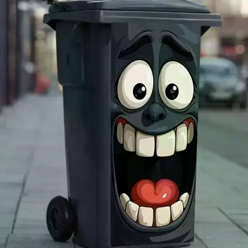 2D Flat Big Mouth Cartoon Trash Can Sticker Creative Funny Wall Decal Self Adhesive for Home Kitchen Waste Bin Decor