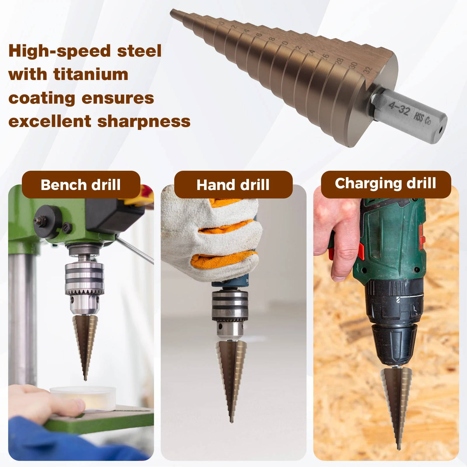 ดอกสว่านเจาะรูแบบขั้นบันไดเคลือบไทเทเนียม HSS ขนาด 4-32 มม. 4-20 มม. 4-12 มม. เหล็กกล้าความเร็วสูง สำหรับเจาะโลหะและไม้ เครื่องมือเจาะรูทรงกรวย เครื่องมือไฟฟ้า