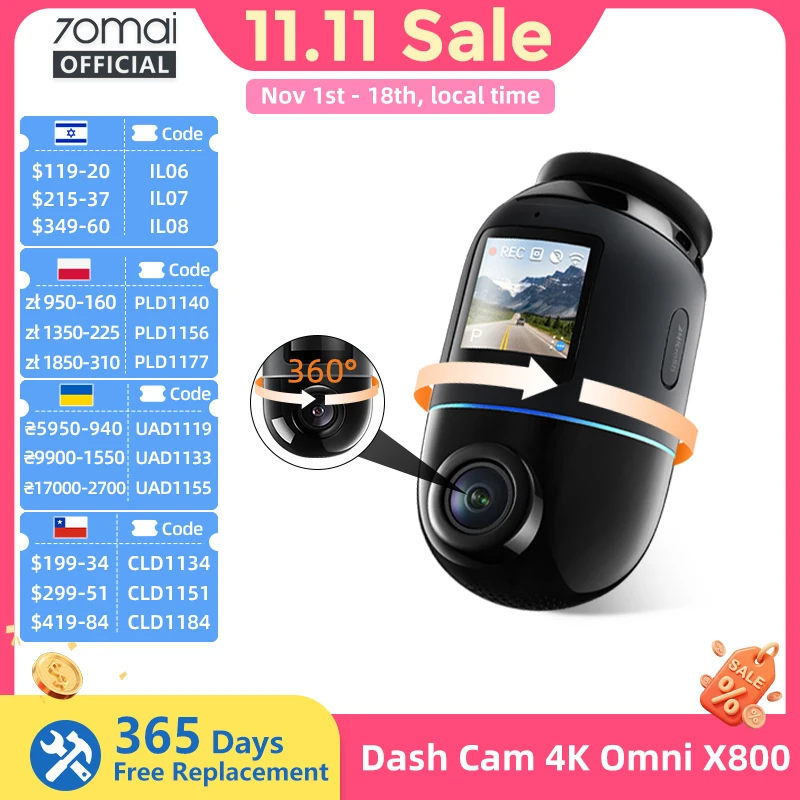 70mai Dash Cam 4K Omni X800 Supercapacitor 360° Rotating Built-in GPS ADAS 4G LTE Real-time Alert Remote Control 70mai X800