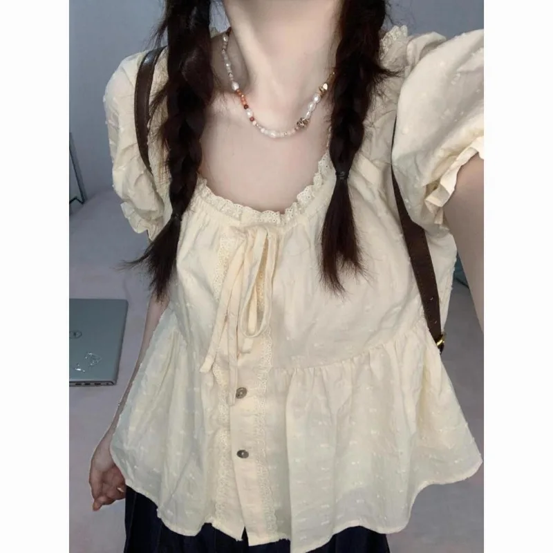 

Lace Shirts and Blouses Korea To-neck Ashion Woman Blouse 2024 Petal Short Sleeve Ruffles Ladies Top Female Solid Clothes New