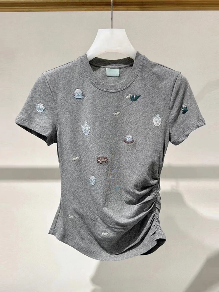 

Высококачественная футболка ort Sve с вышивкой, тяжелая работа, свободный крой, однотонный летний топ для молодых женщин