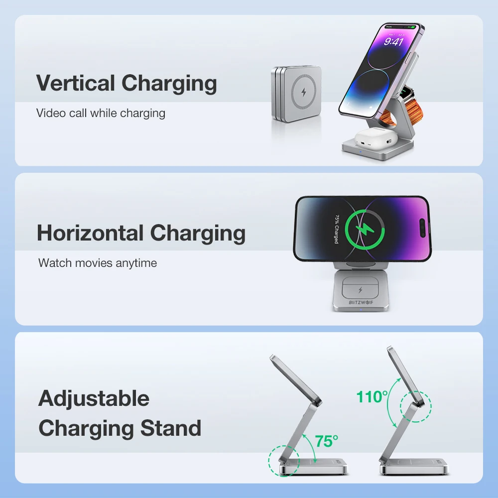 BlitzWolf BW-iw30 3-in-1 Foldable Magnetic 15W Wireless Charger Fast Charging Sation for 15 14 13 12 Pro Max for Smart Phone