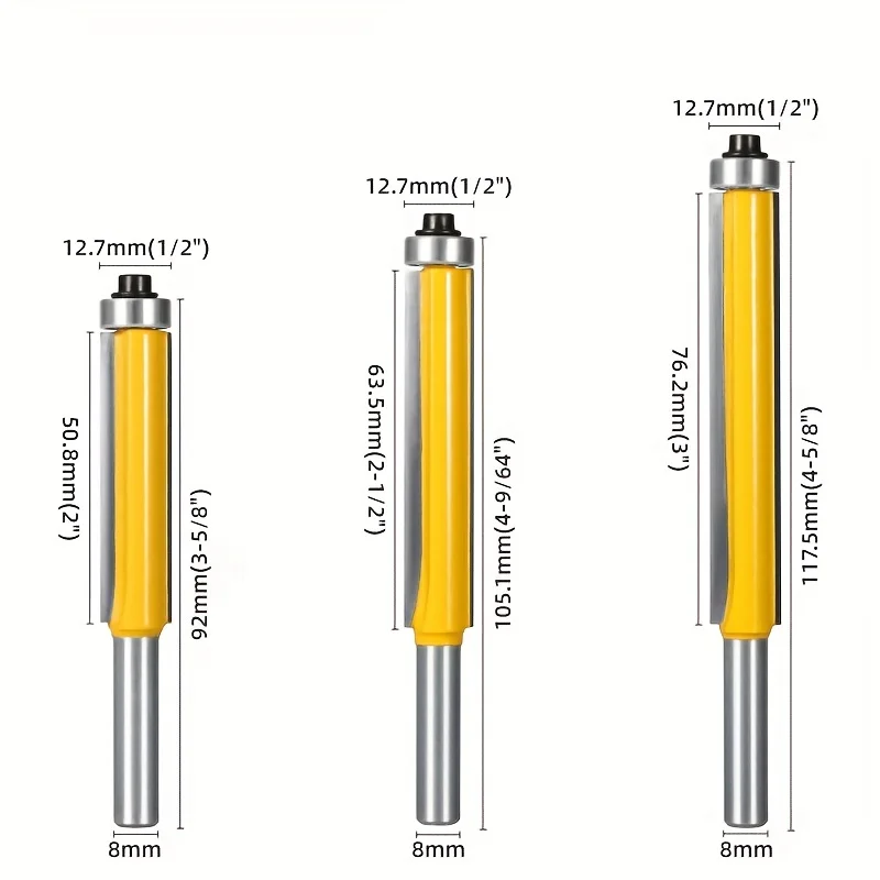 1/3Pc Long Flush Trim Router Bit w/Bearing - Double-Edge Straight Cutter for Edge Trimming & Wood Routing