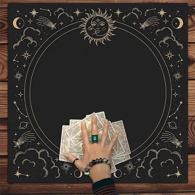 Tapis d'autel de tarot noir et or, soleil, lune, étoile, tapis de divination pour Wicca, sorcellerie, lecture de tarot, rituel spirituel, décoration de table