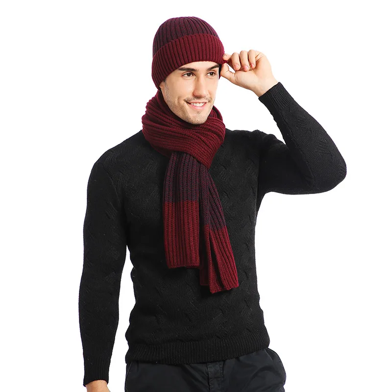 Men\'s Autumn Winter Keep Warm Set Unisex Beanie Gloves Scarf Male Woolen Yarn Knitted Muffler Spring Fall Contrast Color Hat