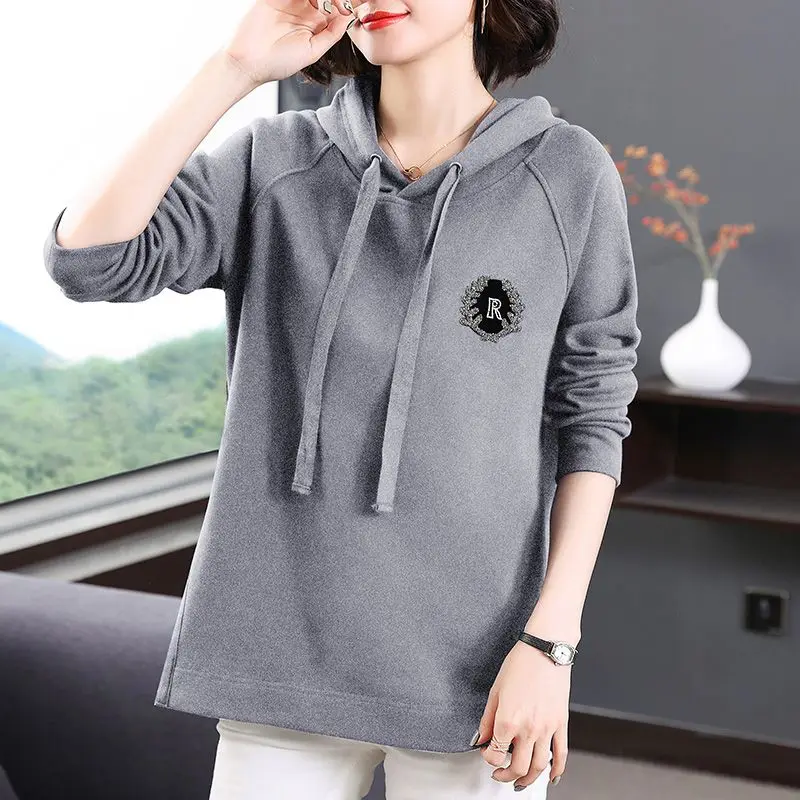 Korean Hooded Drawstring Pullovers Spring Autumn Fashion Patch Designs Diamonds Women\'s Clothing Solid Color Midi Sweatshirts