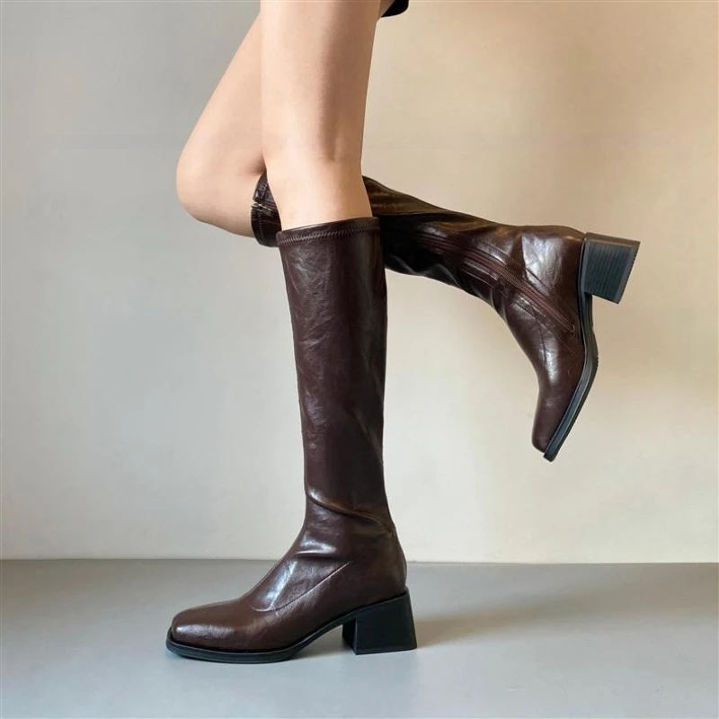 Fashion Women's Shoes Exquisite Soft Leather Knight Boots for Woman Retro Britain Knee High Boots Designer Shoes Botas Feminina 4
