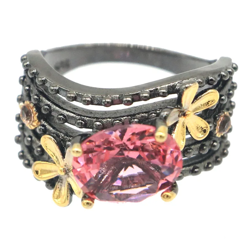 Buy 4 Get 1 Free 18x15mm Unique Gold Flowers 6.5g Aquamarine Violet Tanzanite Pink Morganite Cool Black Metal Silver Rings