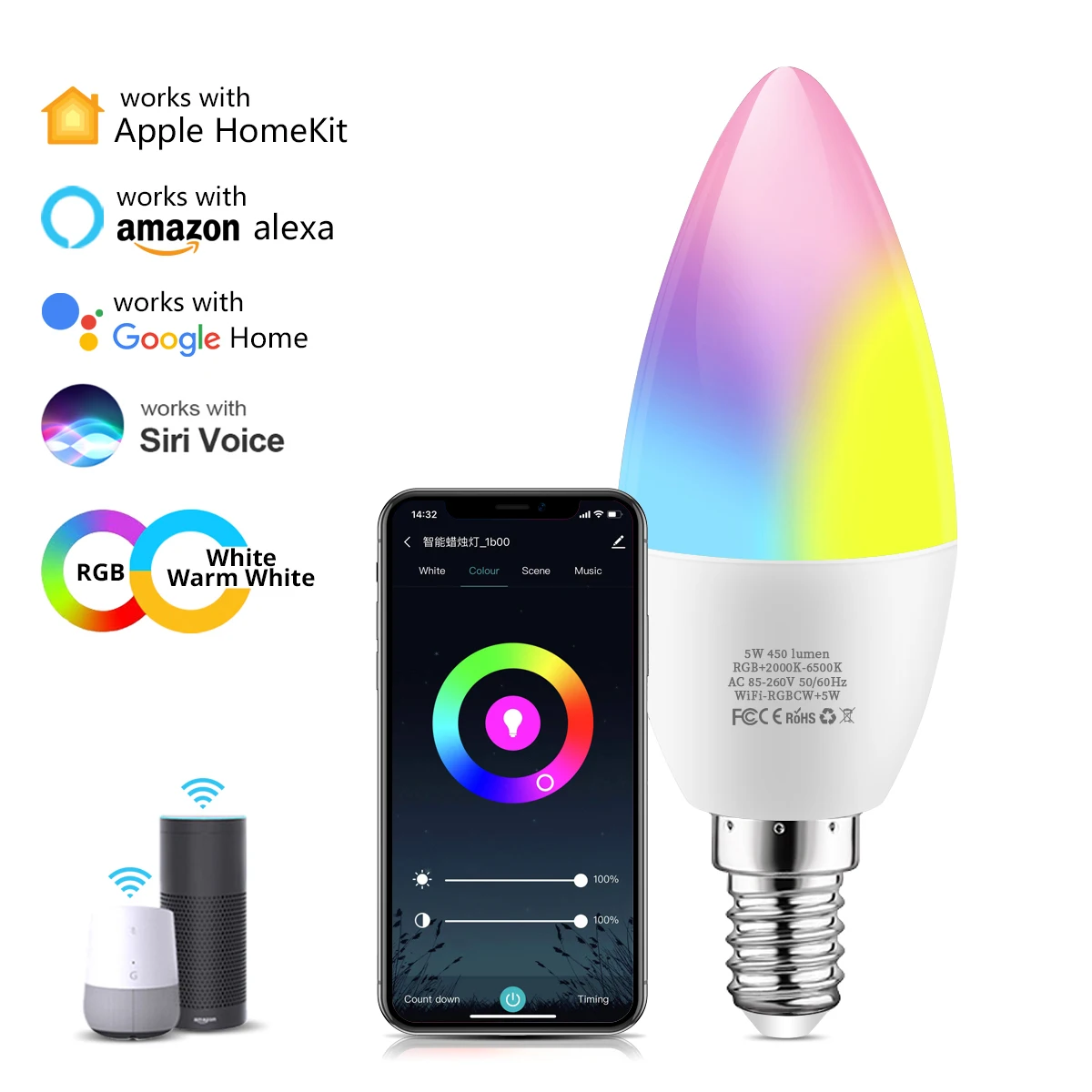 

Inteligente 5W 220V 110V Smart home WIFI Led lamp RGBCW WW MFI Candle Led light bulb E14 Homekit Siri Alexa Google Home lampada